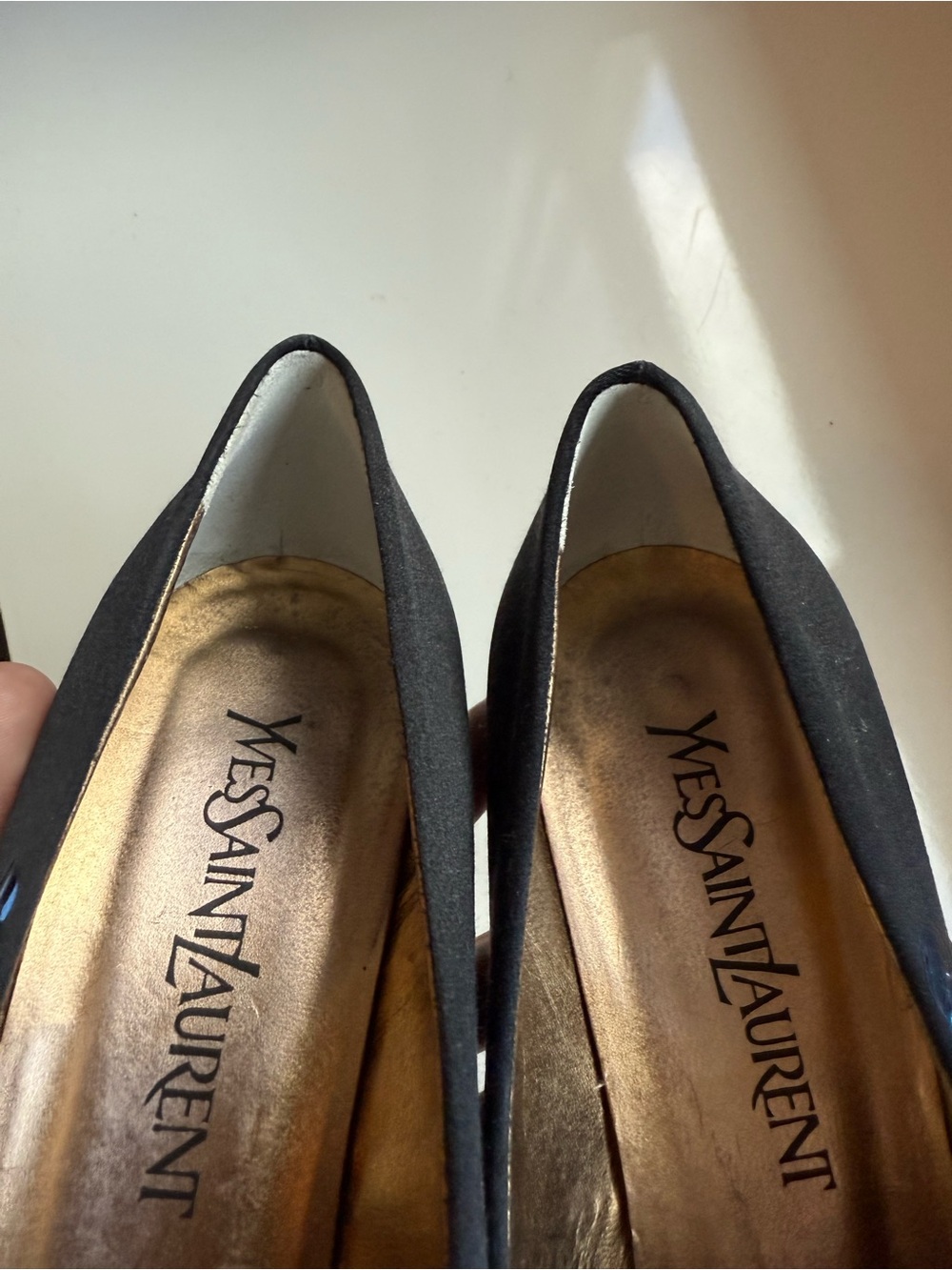 Yves Saint Laurent Black Satin Pumps with Blue and Gold Sequin Medallions - Picture 6 of 13